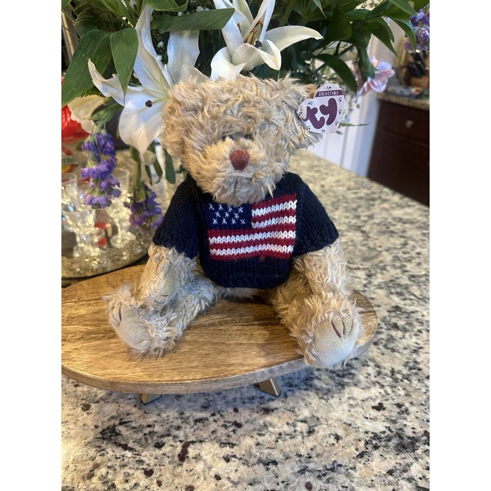 TY Attic Treasure Collection Grant The Teddy Bear 13” Jointed USA Flag 1993